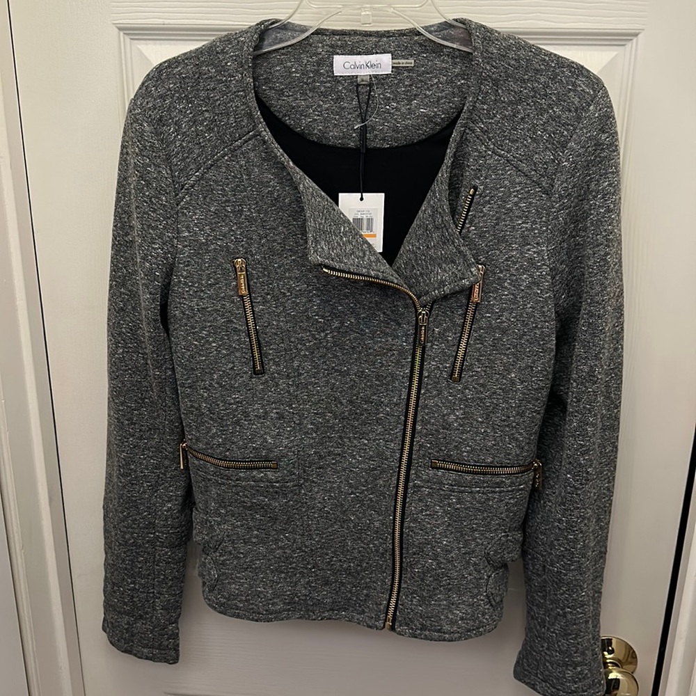 Calvin Klein Women S Jacket Moto Gray Zip Closure Performance Knit Fleece $149